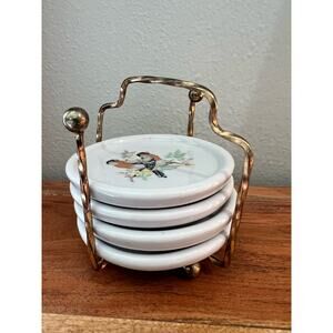 Vintage Set of 4 Porcelain Bird Coasters 3.5” Taiwan Birds Gold Brass Holder